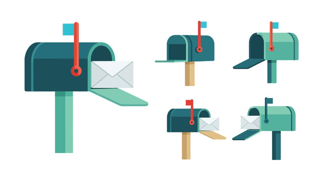 A collection of teal mailboxes with open and closed flaps for delivery
