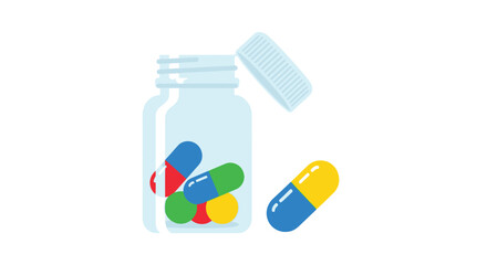 A clear bottle with colorful capsules and an open lid illustration