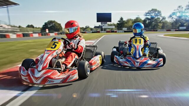 Two young racers compete intensely on a bright day, pushing their karts to the limit on a professional race track, showcasing the thrill and speed of competitive motorsport