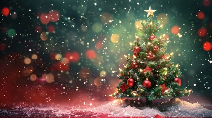 Magical Christmas tree glows with warm lights and festive ornaments, surrounded by enchanting bokeh and falling snow, creating a perfect holiday atmosphere