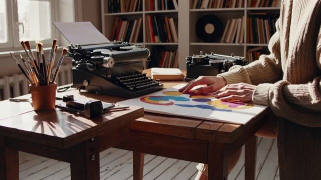 typewriter and color palette on desk, bathed in warm sunlight, artist hands arranging swatches beside vintage typewriter, brushes in jar, stacked books on bookshelf, vinyl record visible, analog tools