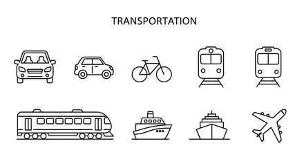 Line art illustration of various transportation methods cars trains ships and planes