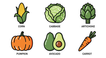 Colorful cartoon illustration of fresh vegetables and fruits including corn and carrots