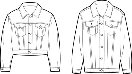 Denim jacket technical flat sketch, front view clothing template, fashion vector illustration, casual outerwear design for apparel, garment industry and designers