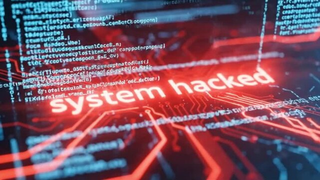 A digital landscape with glowing circuits and code, displaying the phrase "system hacked", representing cybersecurity, intrusion, and data breach
