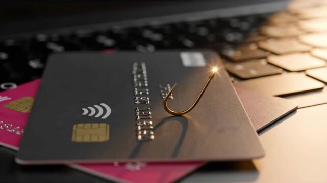 A metal fishhook lies on debit cards. The visual symbolizes online scam, financial trap, credit fraud, money theft, and danger on the Internet