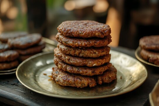Delicate shami kebabs, minced meat patties fried until golden, stacked neatly on a traditional brass plate 