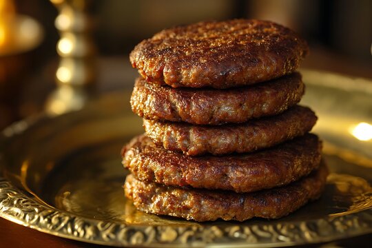 Delicate shami kebabs, minced meat patties fried until golden, stacked neatly on a traditional brass plate 