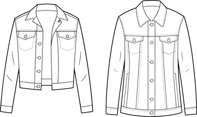 Fashion denim jacket technical sketch, front view clothing template, vector flat design, stylish outerwear illustration for apparel design and fashion industry
