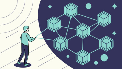 An illustration of a person interacting with a network of interconnected cubes, symbolizing connection and technology.