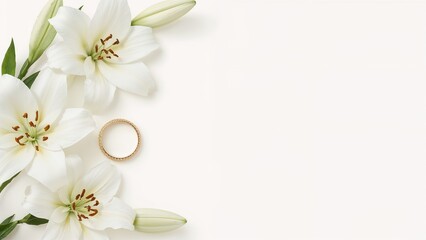 White lilies with a ring and wedding bands, romantic and wedding concept. Floral decoration and celebration items. The theme of love and marriage.