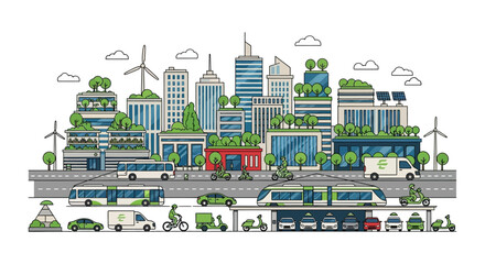 Eco friendly city skyline with sustainable transport and green buildings.