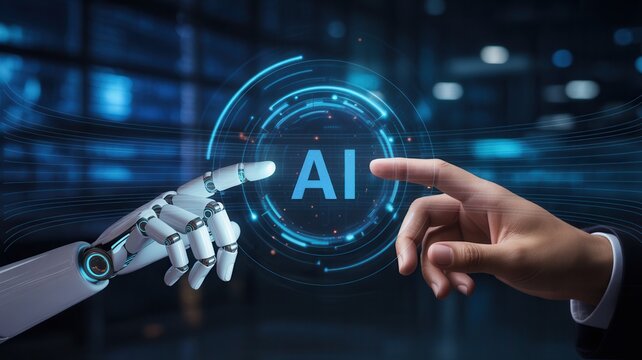Futuristic partnership with AI technology as a human hand meets a robot hand in a digital age with a bright and vibrant abstract blue background.