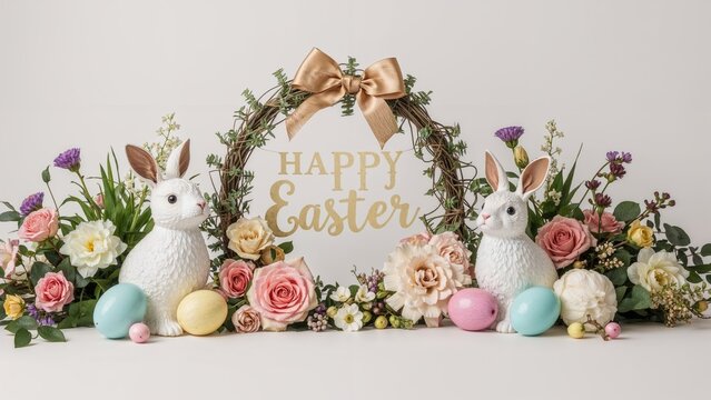 Colorful Easter decoration with rabbits, flowers, eggs, and a "Happy Easter" sign. Festive spring celebration and holiday decor.