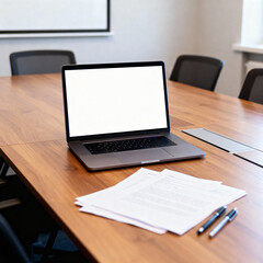 Fototapeta premium Laptop with blank screen on conference table mockup