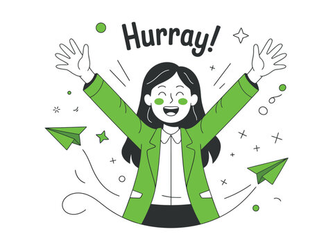 A woman with her arms raised in celebration exclaims 'Hurray!' surrounded by paper airplanes.