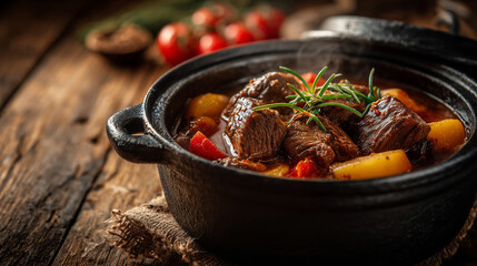 Hearty beef stew simmering in a rustic cast iron pot with vegetables and herbs on a wooden table. Ideal for comfort food, home cooking, and recipe visuals.