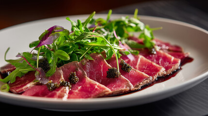 Beef carpaccio topped with greens and garnishes on a white plate, styled for a clean and modern presentation. Perfect for gourmet dining and culinary visuals.