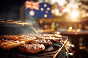 Grilling sausages and steaks on a barbecue, with smoke rising and flags in the background, capturing the essence of outdoor cooking and summer gatherings