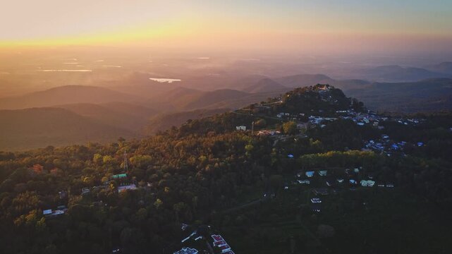 Aerial shot of Sri Biligiri Ranganathaswamy Temple at sunset, also known as Biligiri Ranganna Temple, is situated on the highest peak of the BR Hills in the Chamarajanagar district of Karnataka, India