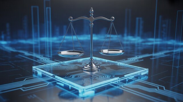 Digital justice concept with scales of justice on futuristic circuit board background for legal tech and cybersecurity innovation