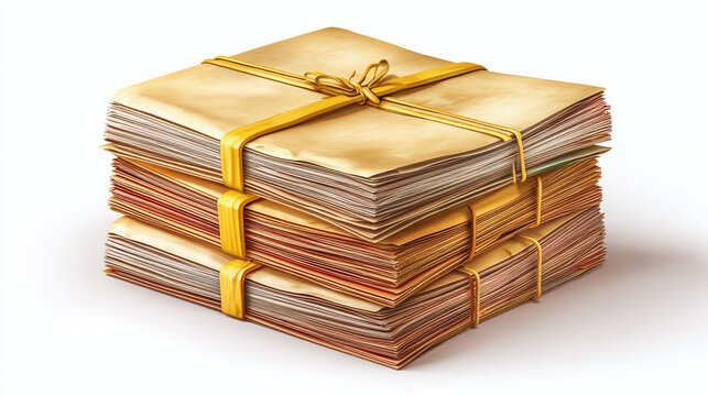 A stack of antique documents secured with golden ribbons and bows, evoking a sense of history and nostalgia