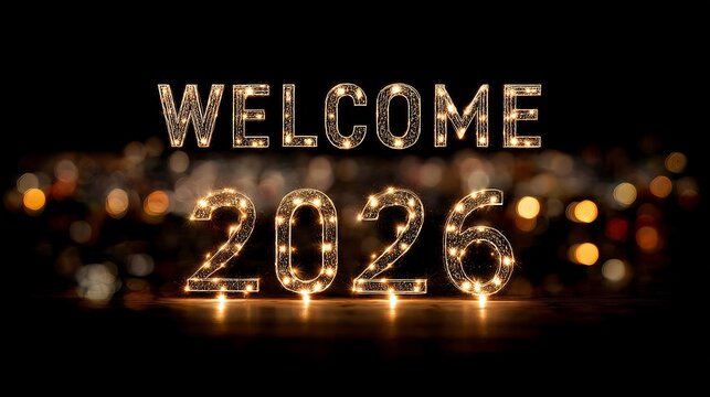 Sparkling Welcome for 2026: Festive Celebration with Illuminated Numbers and Bokeh Background on Black