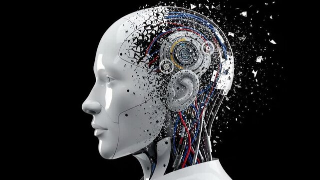 Robot head exploding with wires and gears, concept of ai