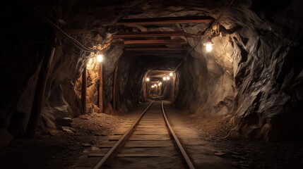 Mine tunnel with rusty rails and warm lamps leading into rock cavern