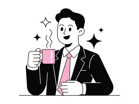 A man in a suit holding a pink mug with a beverage, looking happy.