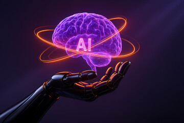 Artificial intelligence digital brain hologram hovering above robotic hand with glowing neon orbit elements representing advanced machine learning technology innovation futuristic computing concept an