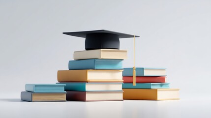 Stack of Books with a Graduation Mortarboard Cap, Symbolizing Higher Education and Academic Success.