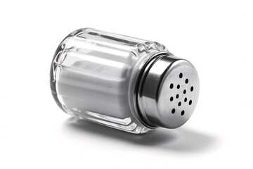 Stock photo of clear glass salt shaker with metal lid on white background