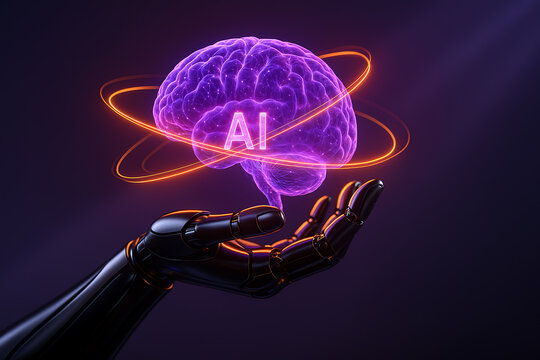 Artificial intelligence digital brain hologram hovering above robotic hand with glowing neon orbit elements representing advanced machine learning technology innovation futuristic computing concept an