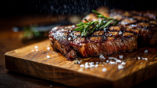 Juicy grilled steak resting on a wooden cutting board with herbs and coarse salt. Perfect for gourmet dining visuals, restaurant menus, and cooking promotions.