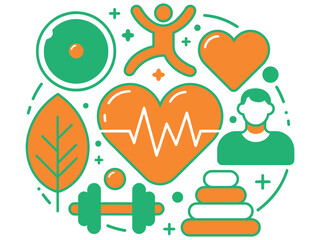 A collection of icons representing health, fitness, and well-being.