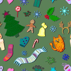 Christmas or New Year's pattern with winter and festive elements on a green background