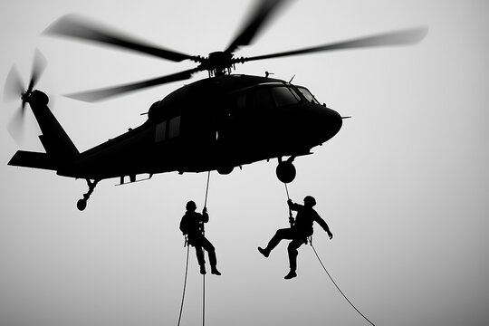 Helicopter rescue operation silhouette of tactical soldiers performing rope descent against dramatic sky background illustrating military training action, airborne special forces mission teamwork emer