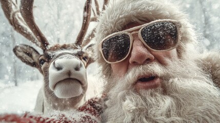 santa claus selfie santa claus donning stylish sunglasses shares a candid selfie with a reindeer in a snowy winter wonderland capturing a moment of festive cheer and adventure