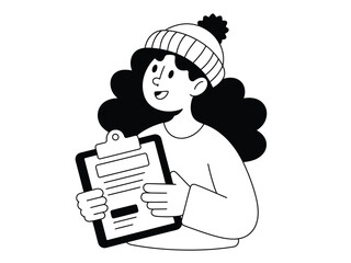 A person holding a clipboard, wearing a winter hat and smiling