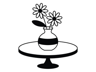 A simple illustration of a vase with flowers on a table.
