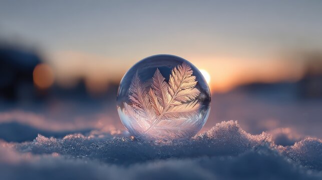 closeup of a glass sphere containing a leafshaped ice crystal resting on snow with a blurred sunset background