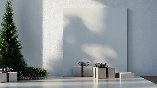 Explore a beautifully decorated room featuring a Christmas tree, presents, and a tasteful wreath, highlighting winter cheer