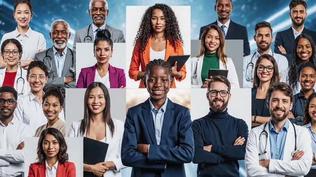 A diverse mosaic of professional headshots featuring doctors and business people from around the world, representing a global community and teamwork
