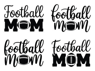 Four different football mom graphic designs featuring a football illustration.