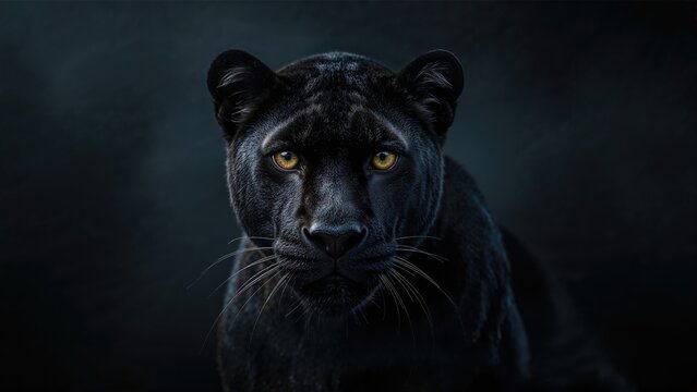 Black panther, animal in the wild, predator, feline, nocturnal hunter, endangered species, stealthy and powerful creature, black fur, piercing eyes.
