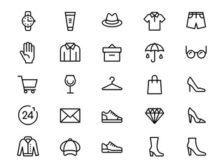 A collection of clean line art icons representing fashion and shopping items.