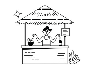 A cheerful person stands behind a tropical beach bar serving drinks.