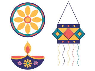 Diwali decorations including a diya lamp, a rangoli pattern, and a lantern are displayed.