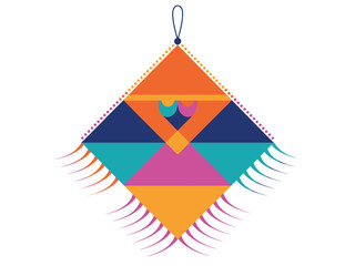 A colorful geometric kite with fringe details hangs from a string.